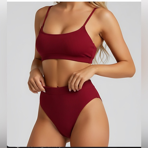 Burgundy Ribbed High Waist 2pc Bikini Swim Suit Bathing Suit - Picture 2 of 7